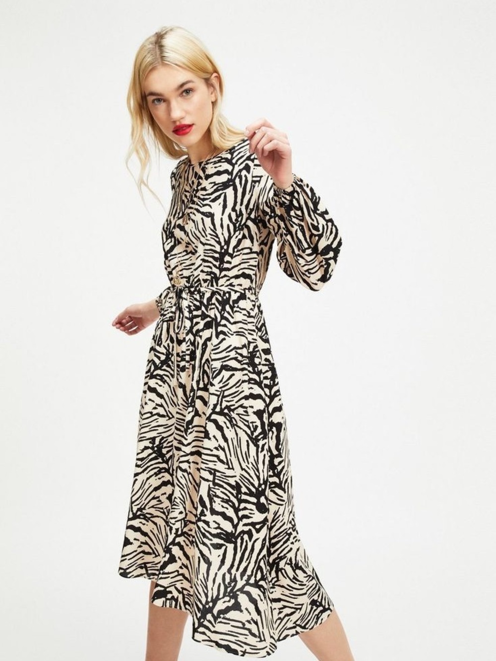 Dex Long Sleeve Zebra-Print Midi Dress in Beige and Black